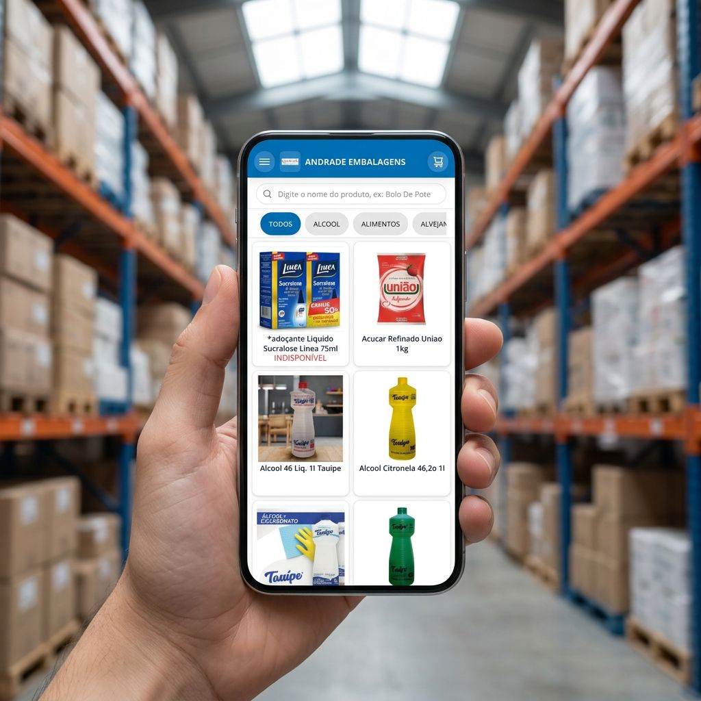 Catálogo digital da Belimpa em um celular, exibindo produtos reais