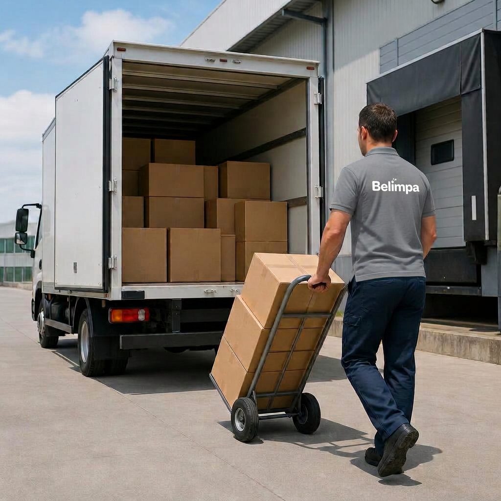 Caminhão da Belimpa sendo carregado para entrega em Campinas